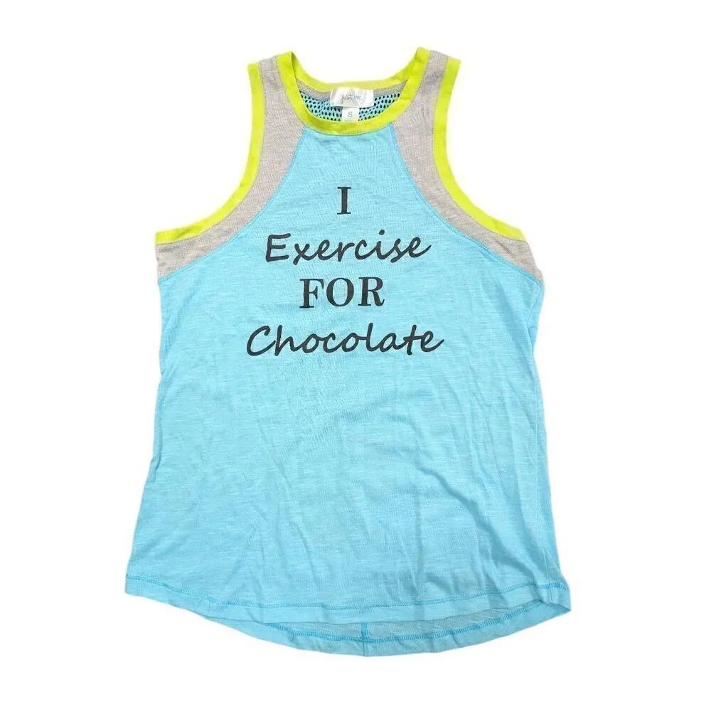 Just Be “I Exercise For Chocolate” Teal and Yellow Athletic Tank Women's Small